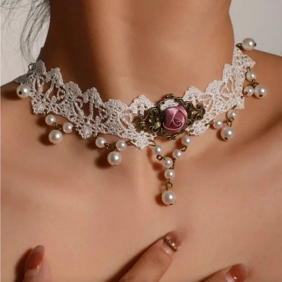 White Lace Choker with Pink Accent - Picture 3 of 3